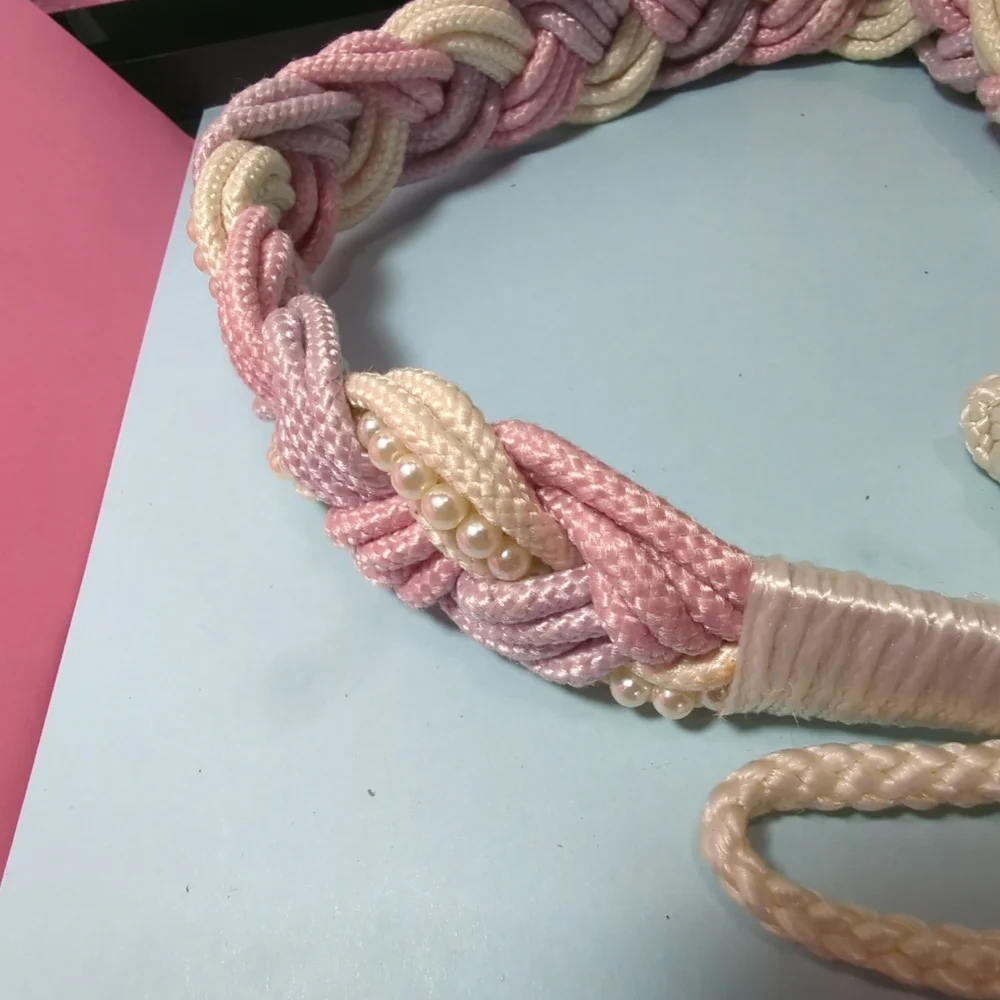 Vtg 80s Macramé Braided Belt Sz M/L Cream Lilac Pink Faux Pearls Romantic Boho